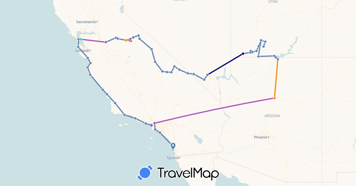 TravelMap itinerary: driving, cycling, train, hiking, boat, hitchhiking in United States (North America)